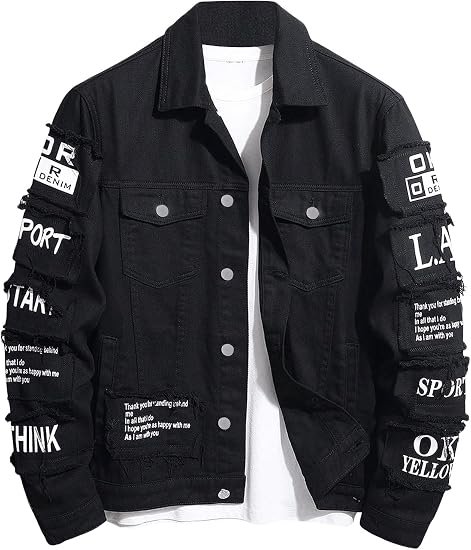 Men’s Letter Print Patchwork Denim Jacket