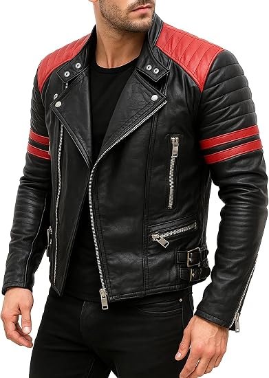 Cafe Racer Red Stripes Motorcycle Black Leather Jacket