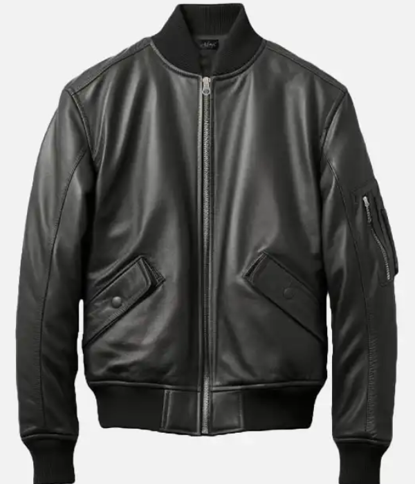 Men’s Casual Black Leather Bomber Jacket