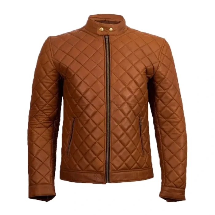 Brown Quilted Cafe Racer Jacket For Mens