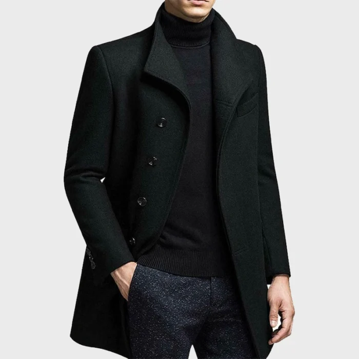 Men’s Casual Single Breasted Black Wool Long Coat