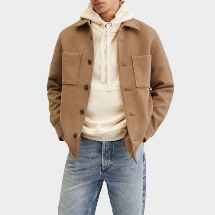 Mens Two Pocket Wool-Blend Brown Overshirt