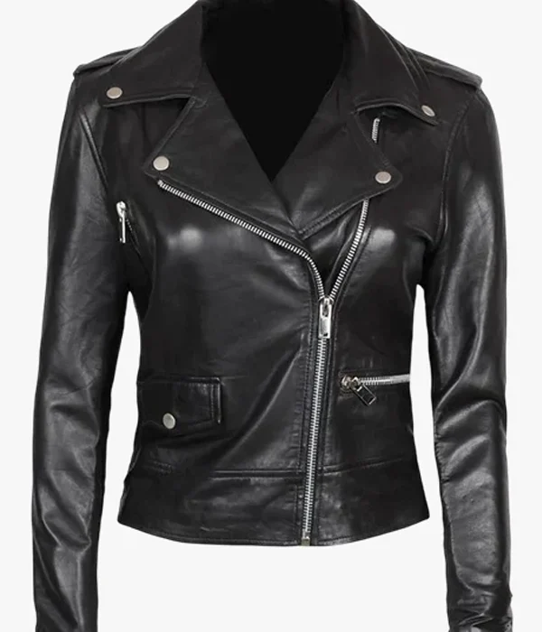 Amber Women's Asymmetrical Black Genuine Leather Biker Jacket with Motorcycle Style Zip Closure