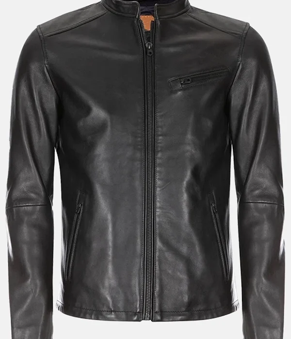 Burton Mandarin Collar Black Genuine Leather Jacket with Stand Collar Biker Design