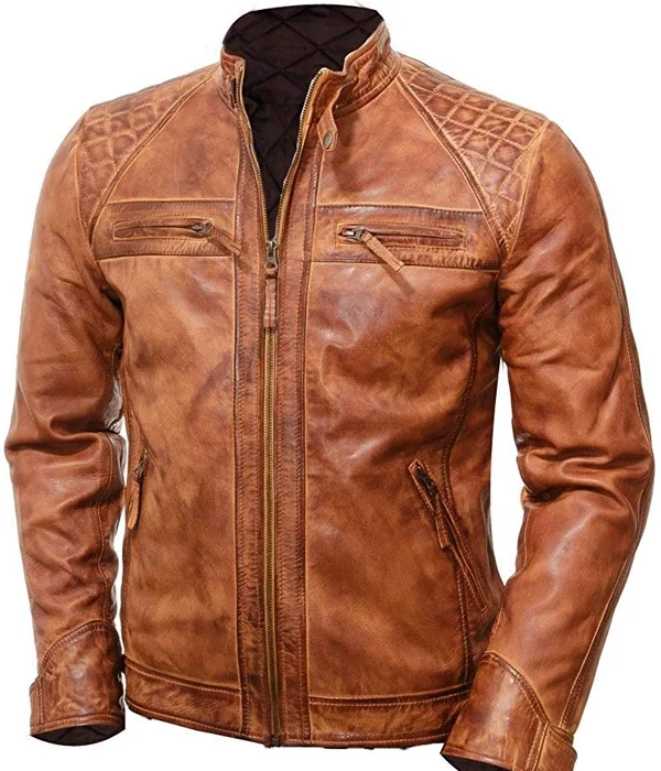 Men's dark brown quilted genuine leather motorcycle jacket with front zipper and padded shoulders