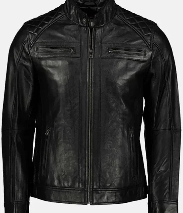 George Waters Padded Style Black Genuine Leather Jacket with Quilted Biker Design