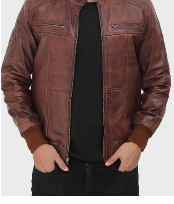 Men's Brown Biker Bomber Genuine Leather Jacket