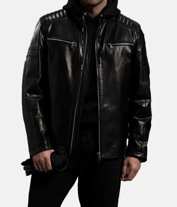Men's Classic Black Genuine Leather Racer Jacket with Cafe Racer Motorcycle Design