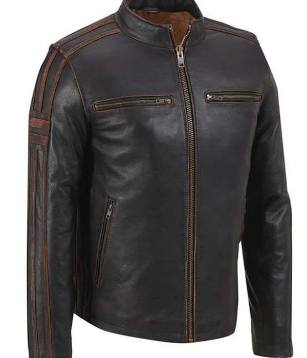 Men's Stripe Cafe Racer Leather Jacket in Genuine Leather