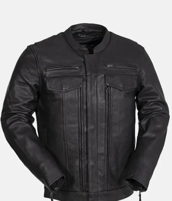 Men's Utility Style Black Genuine Leather Biker Jacket with Motorcycle Utility Design