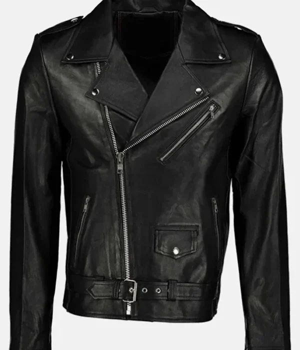 Morris Asymmetrical Collar Black Genuine Leather Moto Jacket with Motorcycle Biker Design