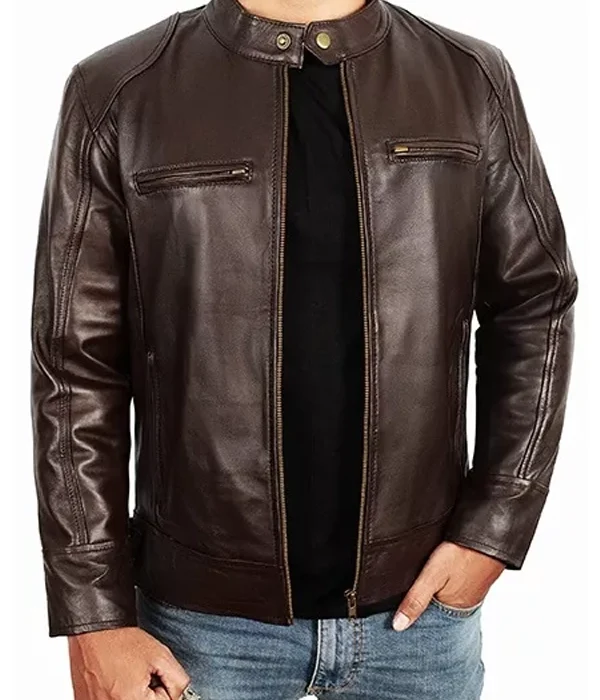 Men's Moto Racer Biker Leather Jacket in Black