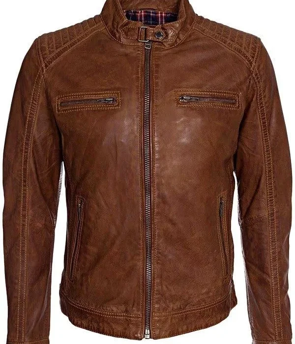 Men's Waxed Brown Leather Biker Jacket