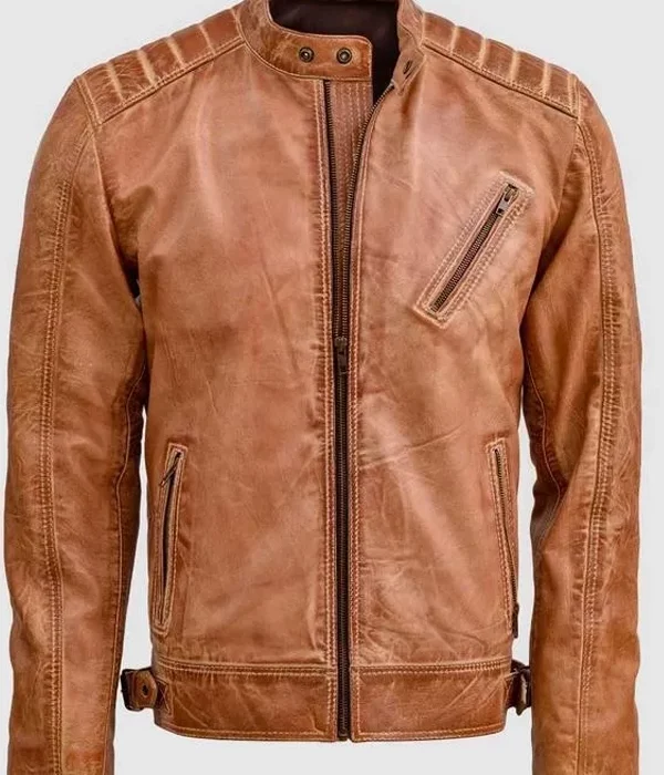 Men's waxed tan genuine leather jacket with vintage distressed finish and front zipper