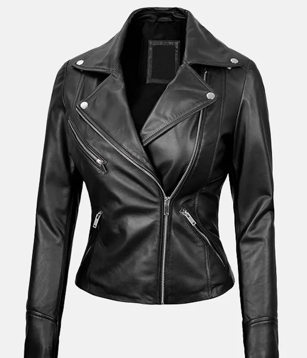Women's asymmetrical black genuine leather biker jacket with silver zipper