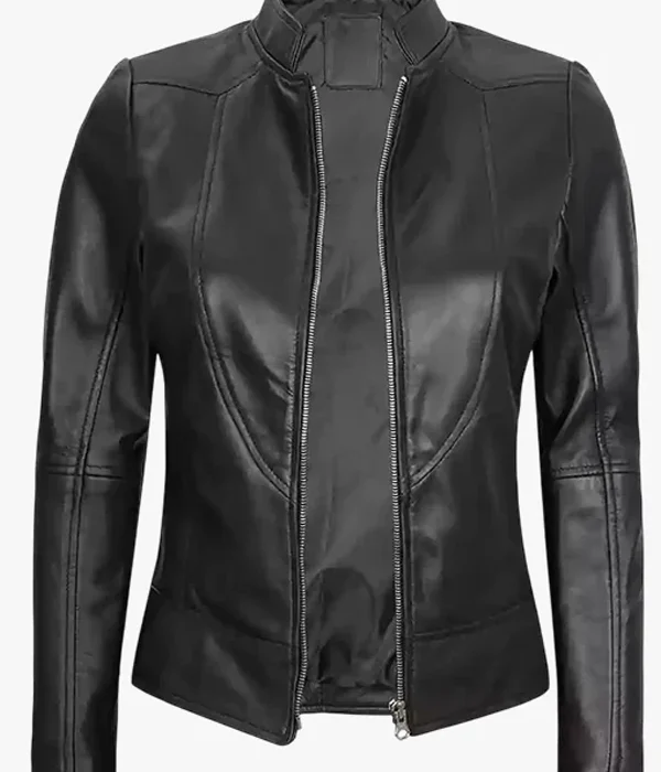 Women's Black Cafe Racer Genuine Leather Jacket with Classic Motorcycle Biker Design