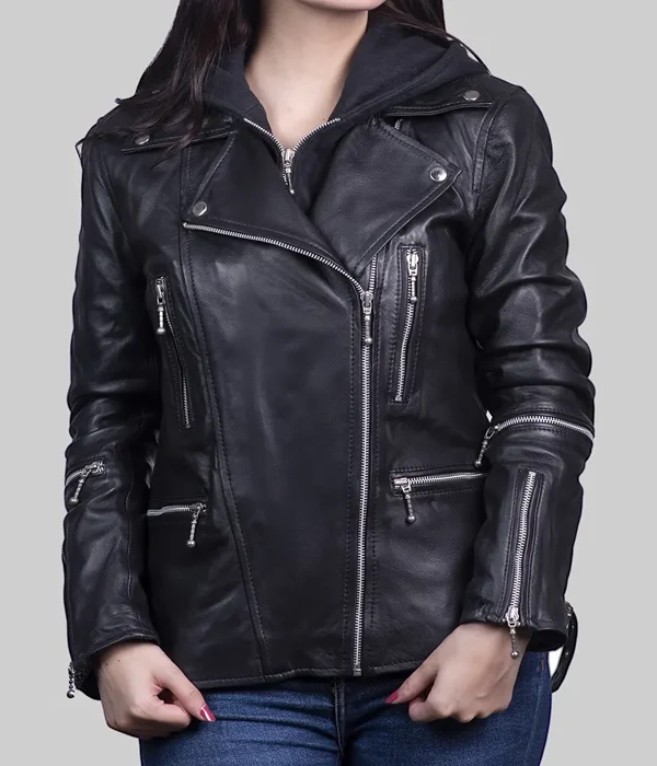 Women's Black Slim Fit Genuine Leather Motorcycle Jacket with Classic Biker Design