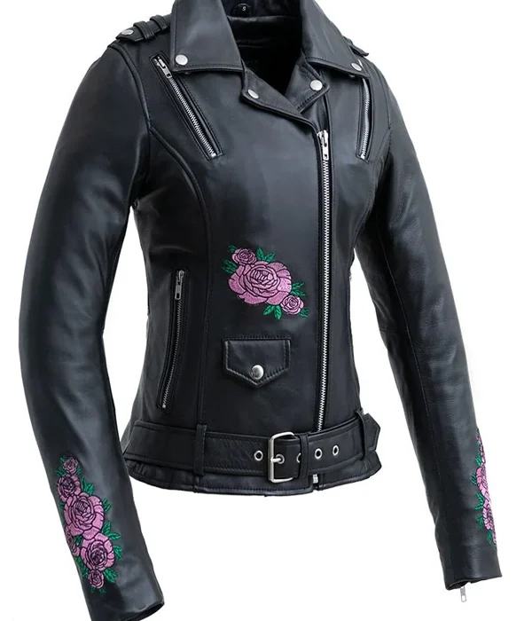 Women's Genuine Leather Motorcycle Jacket in Black with Classic Biker Moto Design