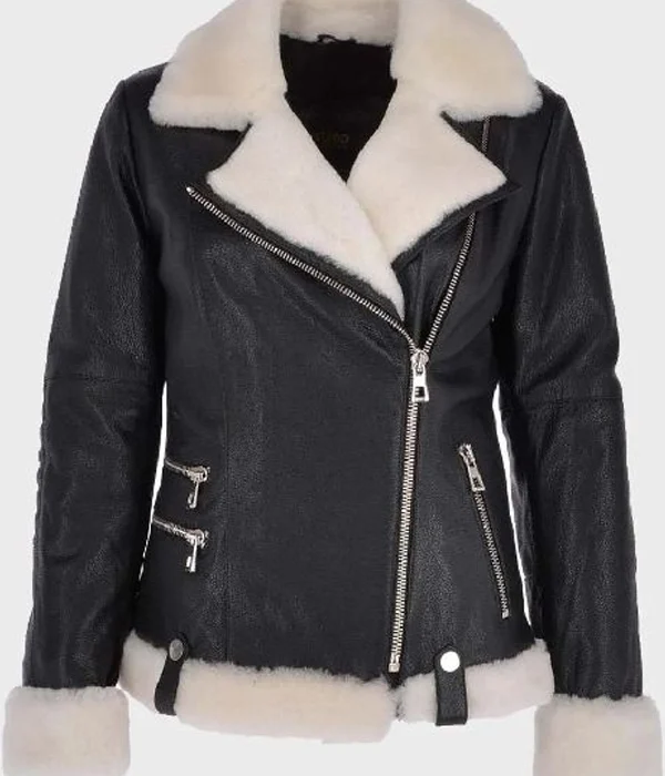 Women's Motorcycle Black Shearling Leather Jacket in Genuine Leather