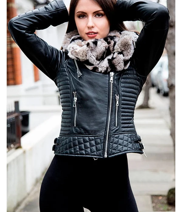 Women's Quilted Genuine Leather Motorcycle Jacket with Black Biker Design