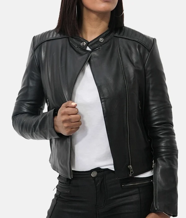 Women's snap tab collar black genuine leather jacket with front zipper and slim fit design