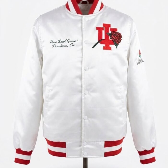 Customize White and Red Indiana Rose Bowl Satin Varsity Jacket