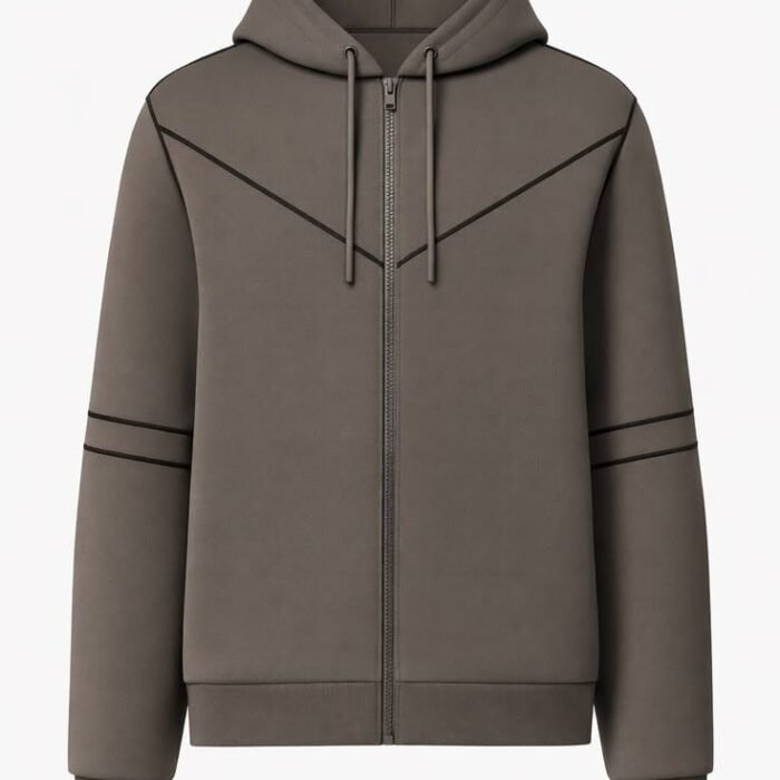 Mens Taupe Piping Zip-Up Hoodie Contrast Trim Outerwear