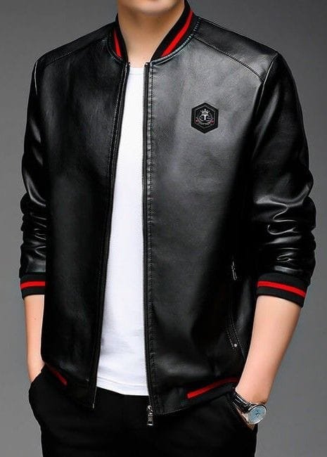 Mens Leather Striped Bomber Jacket Red Trim Pilot Coat