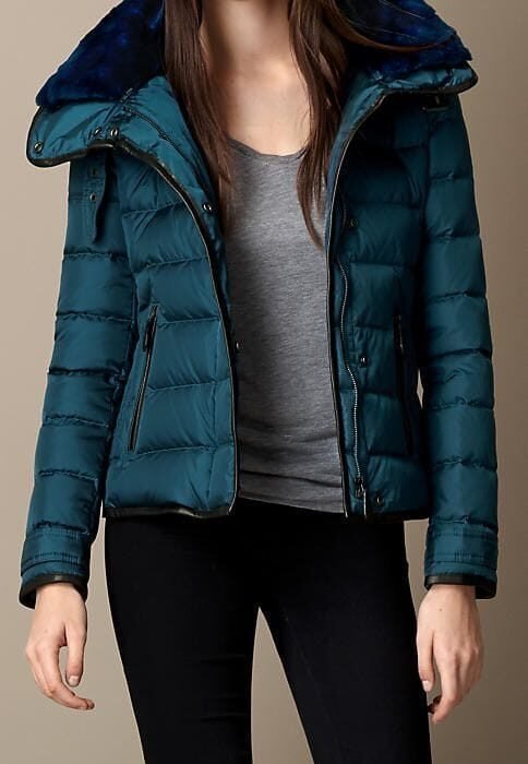 Women's Teal Puffer Jacket - Luxury Quilted Winter Coat with Fur Collar