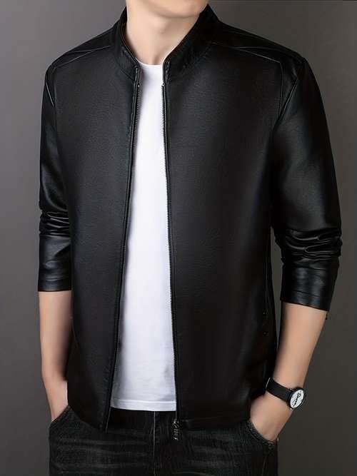 Mens Navy Blue Leather Bomber Jacket Casual Pilot Coat