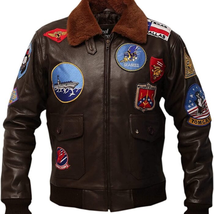 Mens Brown Leather Aviator Bomber Jacket Fur Collar Flight Coat
