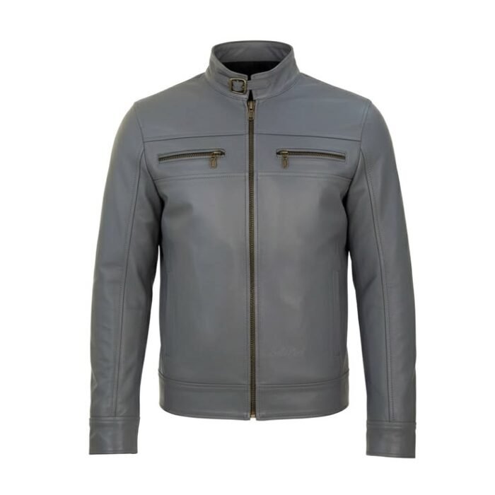 Men's Grey Leather Jacket - Buckled Collar Vintage Biker Coat