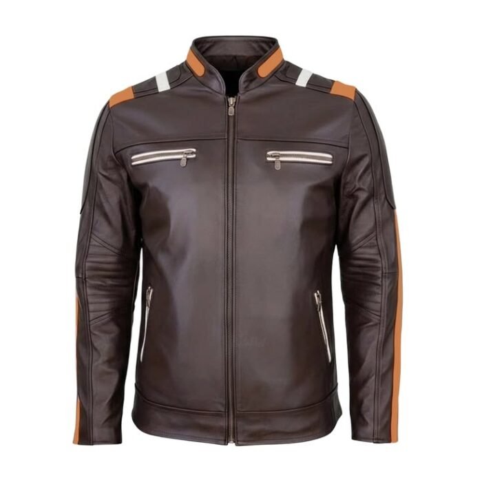 Men's Brown Racing Leather Jacket - Orange & White Stripe Cafe Racer Coat