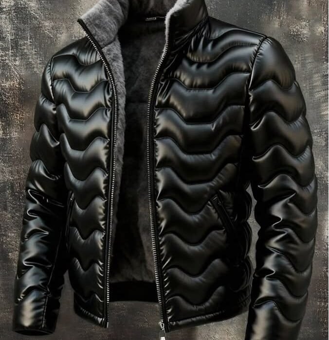Mens Black Wavy Quilted Puffer Jacket Fur Lined Winter Coat