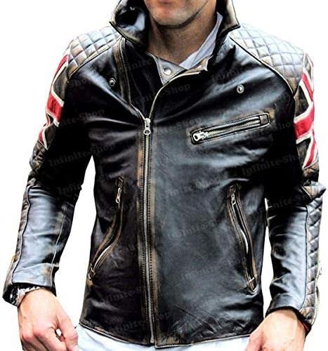 Mens Distressed Black Leather Union Jack Moto Jacket Vintage Biker Coat