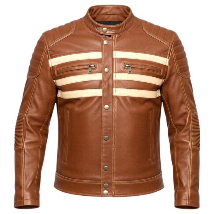 Brown Leather Striped Moto Jacket Vintage Men's Biker Coat