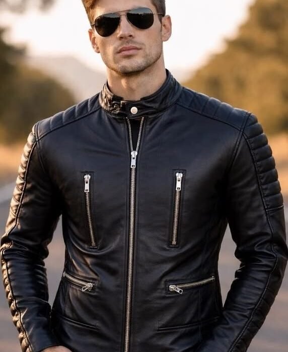 Mens Black Leather Moto Jacket Quilted Biker Coat