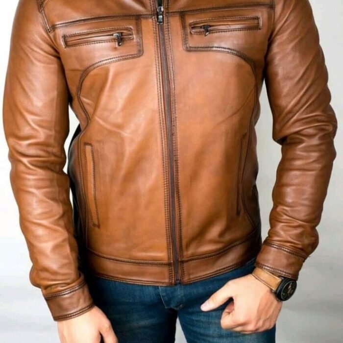 Mens Brown Leather Cafe Racer Jacket Vintage Tan Moto Coat