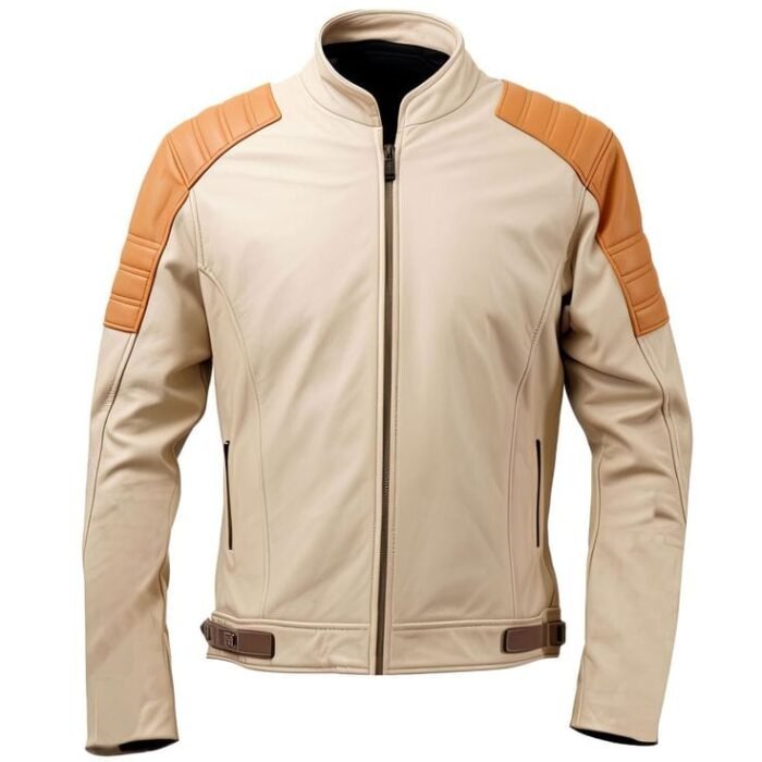 Men's Beige Leather Biker Jacket - Two-Tone Tan Shoulder Padded Coat