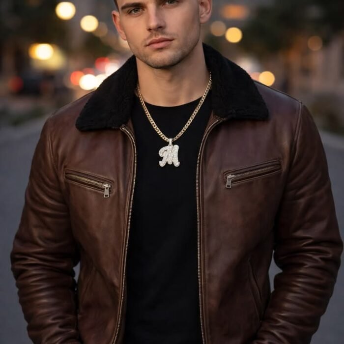 Mens Brown Leather Jacket with Fur Collar Winter Bomber Coat