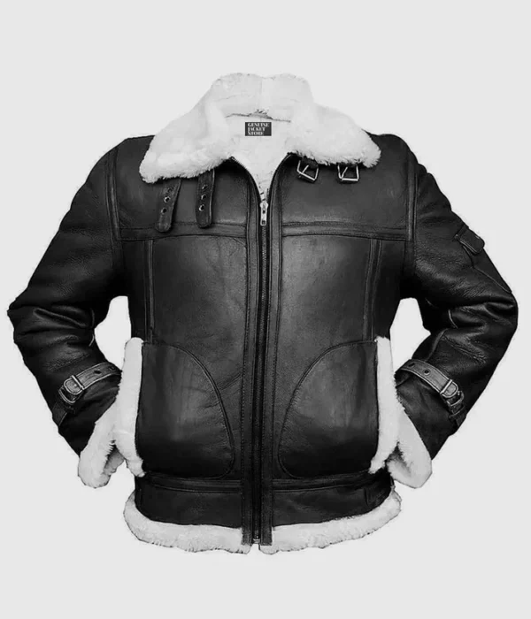 Mens B6 Pilot Aviator Black Sheepskin Shearling Bomber Leather Jacket