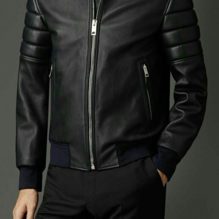 Mens Black Leather Quilted Bomber Jacket Luxury Biker Coat