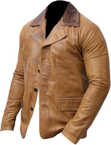 Mens Tan Vintage Leather Button Jacket Distressed Car Coat