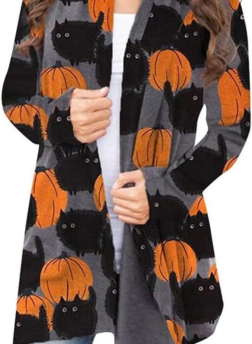 Halloween Pumpkin Black Cat Cardigan – Women’s Open-Front Lightweight Fall Sweater