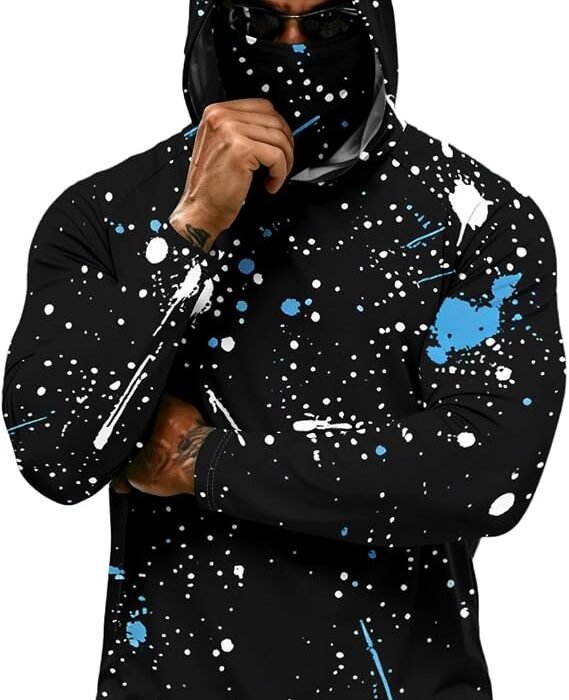 UPF 50+ Paint Splatter Fishing Hoodie with Integrated Face Mask