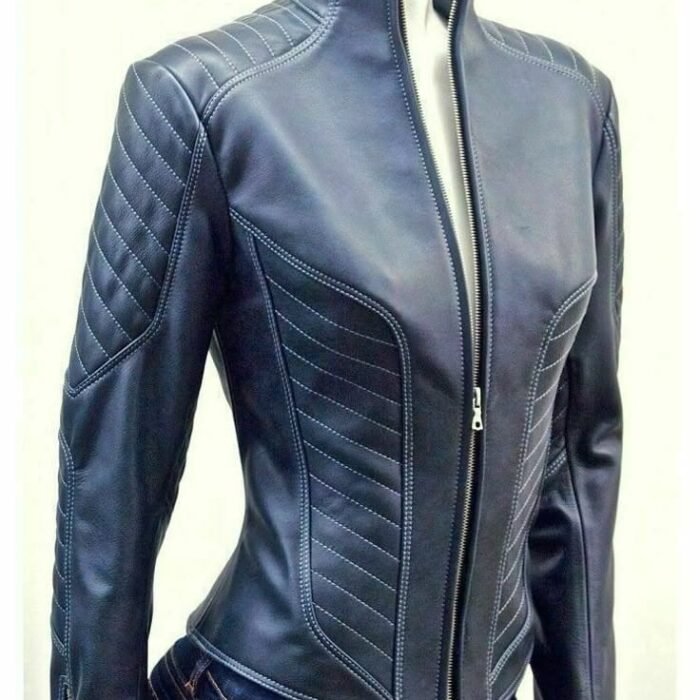 Womens Navy Blue Leather Moto Jacket Quilted Biker Coat