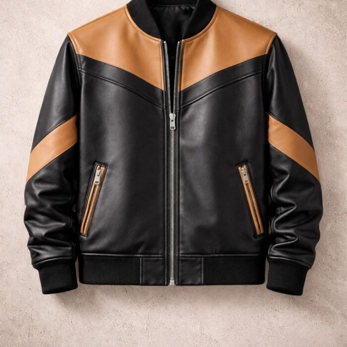 Black and Brown Leather Bomber Jacket