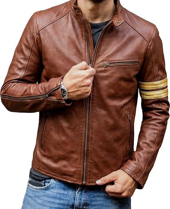Men's Distressed Vintage Brown Leather Biker Jacket with Sleeve Stripes