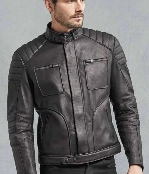 Mens Black Leather Moto Jacket Quilted Biker Coat