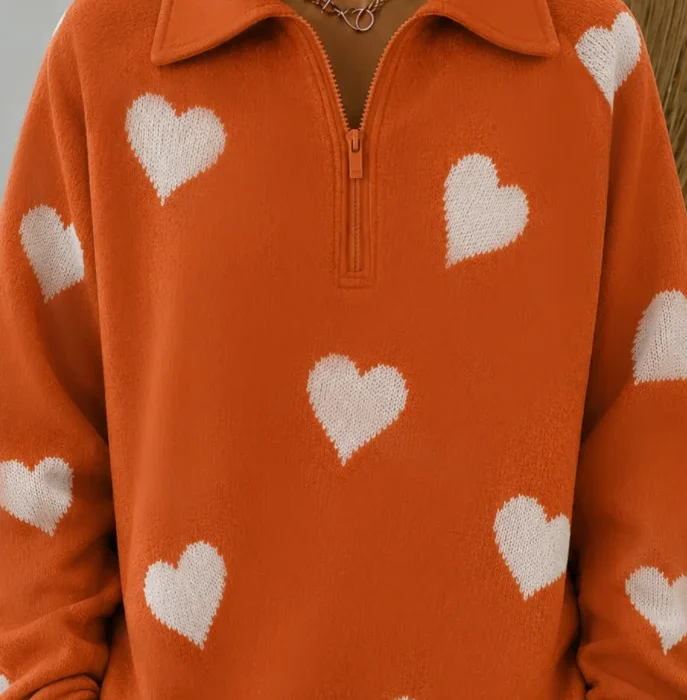 Orange Heart Print Half Zip Long Sleeve Sweatshirt